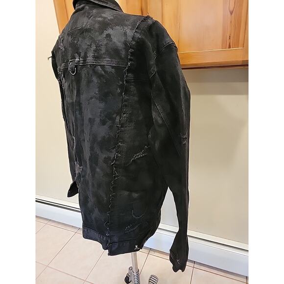 Mens Smoke Rise Distressed Denim Jacket With Patches Size XL Black Studded - Picture 9 of 16